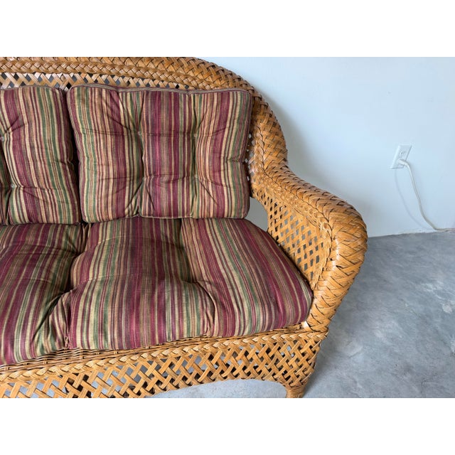1980s Vintage Coastal Rattan & Wicker Loveseat With Original Cushions For Sale - Image 5 of 12