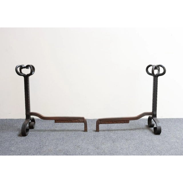 Mid 19th Century Pair of Tall Arts and Crafts Hand Forged Iron Fireplace Andirons For Sale - Image 5 of 18