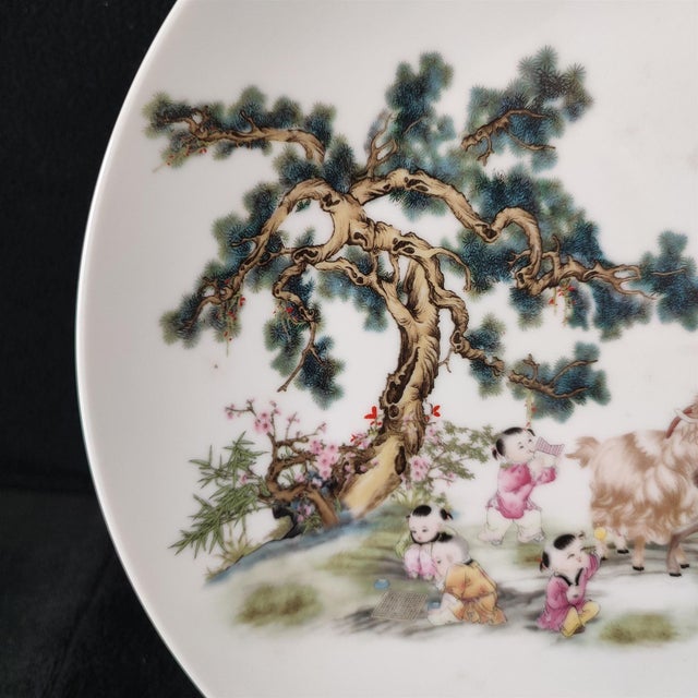 White Chinese Ceramic Plate,Famille Rose Porcelain Plate Hand Painted Three Sheep and Playing Children Pattern For Sale - Image 8 of 11
