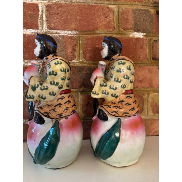 Mid-20th Century Chinoiserie Porcelain Monkey & Longevity Peach Figurines - Pair For Sale - Image 9 of 13