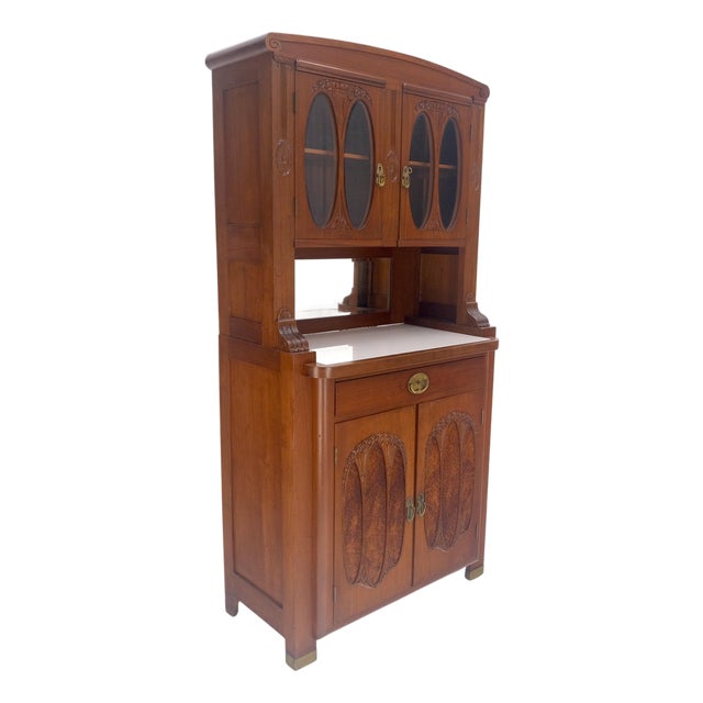 French Art Nouveau Deco Walnut & Burl Wood 78" Tall Cupboard China Cabinet MINT For Sale