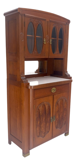 French Art Nouveau Deco Walnut & Burl Wood 78" Tall Cupboard China Cabinet MINT