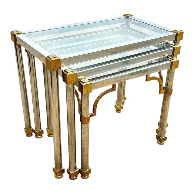 Hollywood Regency Chrome & Brass Maison Jensen Style Nesting Tables For Sale
