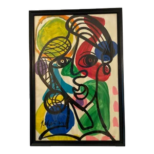 1970s Acrylic Cubist Portrait Painting by Peter Keil ~ Framed