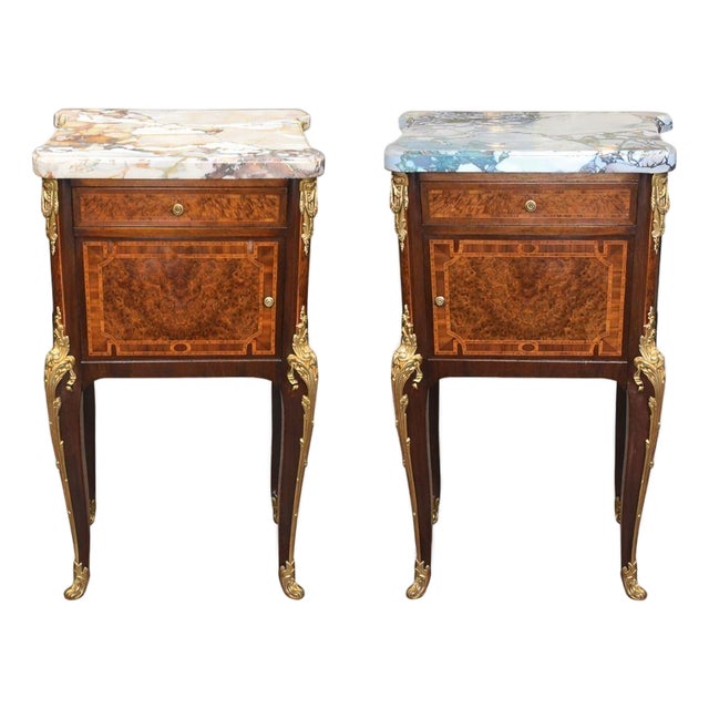 Pair French Bronze-Mounted Marble-Top Nightstands Louis XV Style, Late 19th C. For Sale