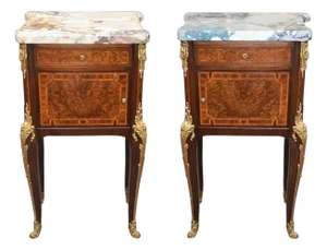 Pair French Bronze-Mounted Marble-Top Nightstands Louis XV Style, Late 19th C.
