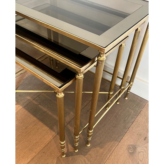 1940s Neoclassical style brass nesting tables. French work by Maison Jansen. For Sale - Image 9 of 12