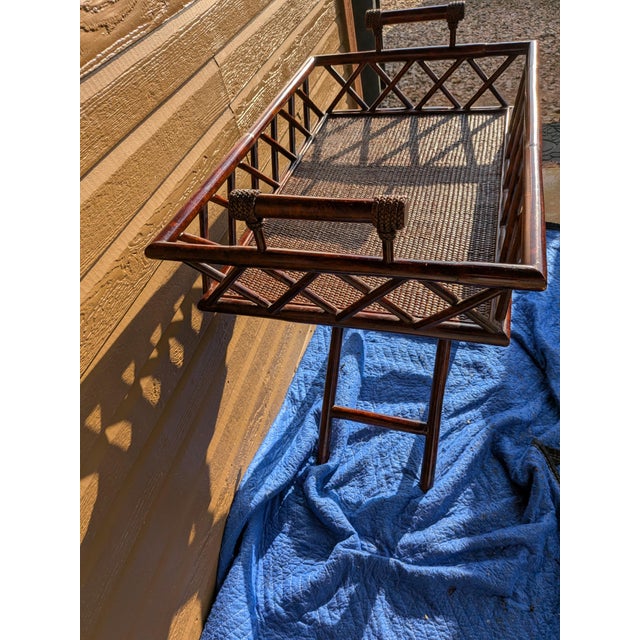 Brown Vintage Butler Tray Serving Table Featuring a Dark Stained Finish and Distinctive Woven Rattan Panels. For Sale - Image 8 of 14