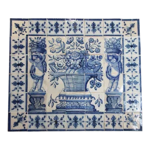 18th Century Antique Portuguese Tile Mural Panel Depicting a Blue and White Vase Surrounded by Cherubs Holding Baskets