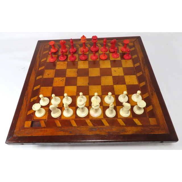 Antique Chess Set With Hand Made Multiple Wood Inlay Game Board For Sale - Image 10 of 13
