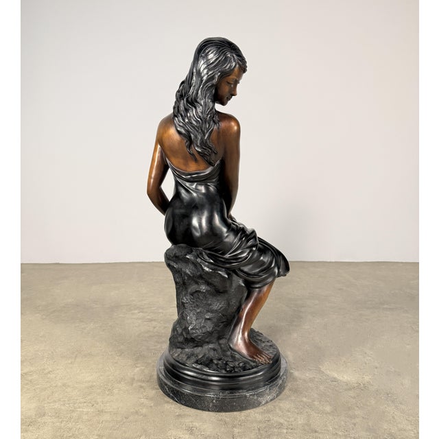 Large Classical Bronze Sculpture of Seated Woman With Flowers - 32” H For Sale - Image 9 of 11
