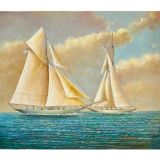Original Nautical Oil Painting of Racing Schooners by F. Tailroy – Yacht Seascape – 20" X 24" Unstretched Canvas For Sale