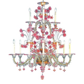 Venetian Romantic Transparent and Pink Floreal “Cà Rezzonico” Chandelier in Murano Glass. For Sale