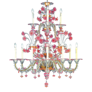 Venetian Romantic Transparent and Pink Floreal “Cà Rezzonico” Chandelier in Murano Glass.