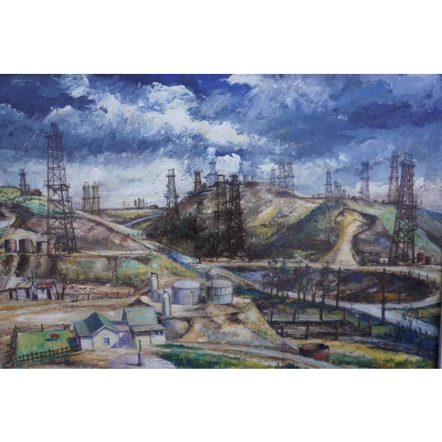 Janós Bernát Industrial California Landscape, Los Angeles Oil Wells 1950 Oil on Board Painting, Framed For Sale In Los Angeles - Image 6 of 10
