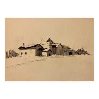 1950s Norman Kent Barn Landscape Drawing For Sale