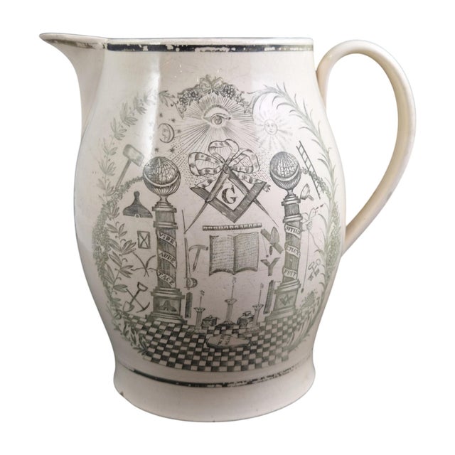 Olive-Green Transferware Masonic Creamware Jug from Staffordshire, 1800s For Sale - Image 4 of 12