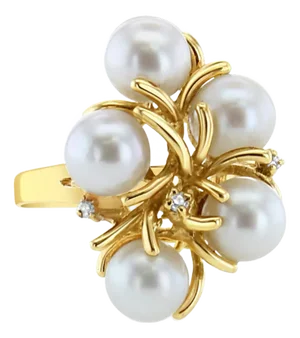 Pearl Cluster Ring with Diamond Accent 14k Yellow Gold, Size 8.5