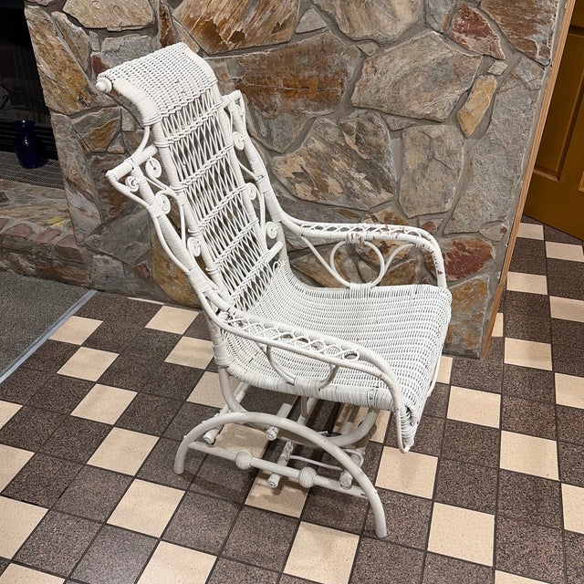 Heywood Wakefield Attributed White Wicker Platform Rocking Chair Painted Minor flaws as pictured. Flaws comeasurate with age.