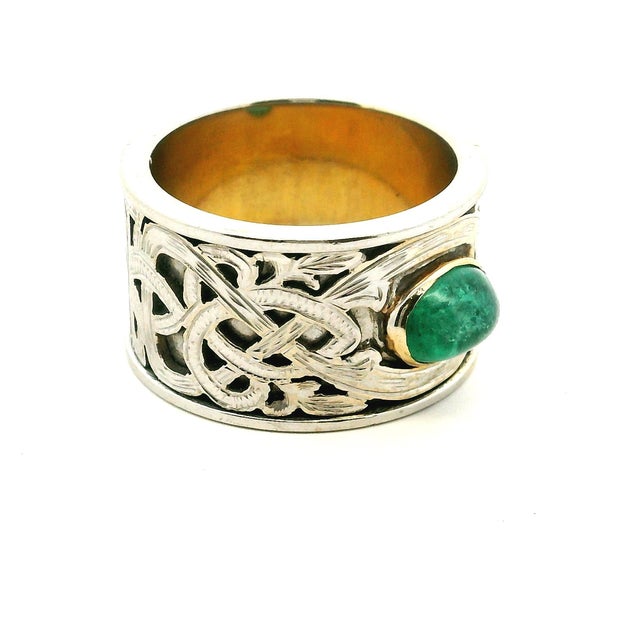 Vintage Samuel Aaron 14k White Gold Cabochon Emerald Wide Band Ring, Size 9.75 For Sale - Image 4 of 12