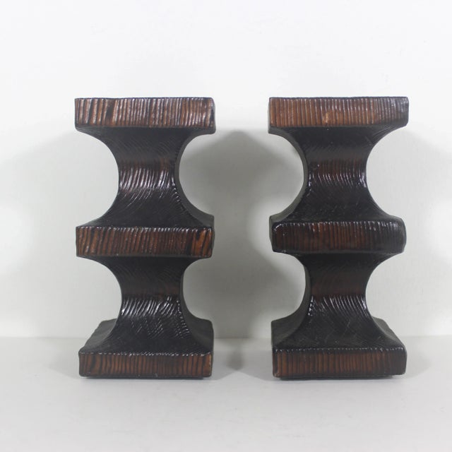 Vintage Spanish style brutalist wood and candle holder set. The style is brutalist or gothic. There are studs on the...