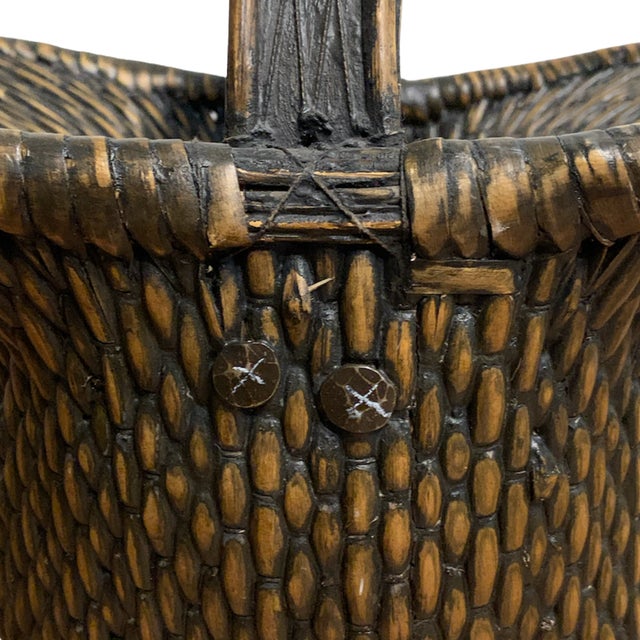 Folk Art Vintage Primitive Handwoven Split Reed Gathering Basket With Handle For Sale - Image 3 of 7