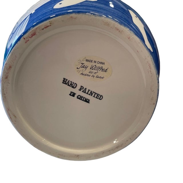 Vintage Mid-Century Modern Jay Willfred Andrea by Sadek Blue & White Fish Hand Painted Pitcher For Sale - Image 4 of 7
