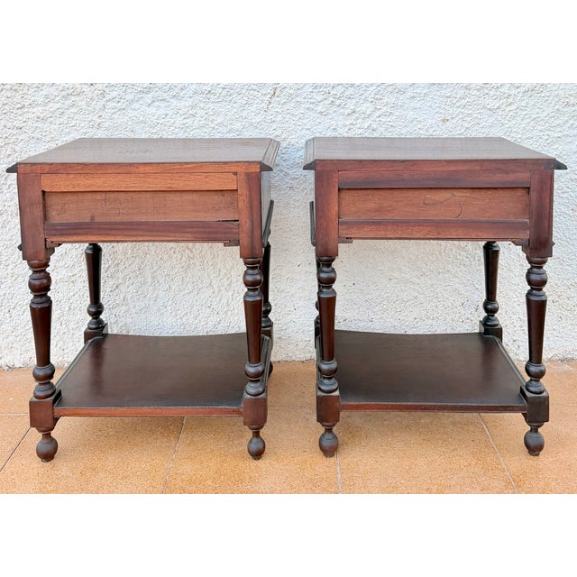 Spanish Carved Wood Bedside Tables with Lower Shelves, 1940s, Set of 2 For Sale - Image 10 of 11