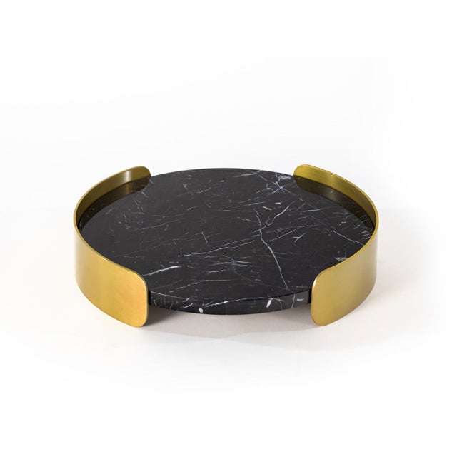 Contemporary Pedros Round Tray, Brass/Black Marble For Sale - Image 3 of 5