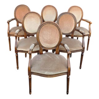 Set of 6 W. & J. Sloane Louis XVI Revival Walnut Oval Back Dining Armchairs, Mid-Century For Sale
