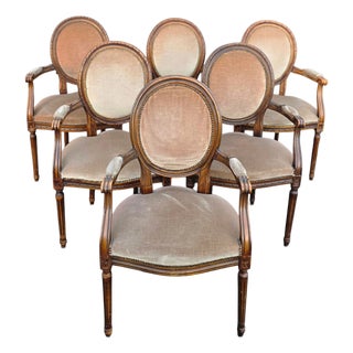 Set of Six W. & J. Sloane Louis XVI Revival Walnut Oval Back Dining Armchairs, Mid-Century For Sale