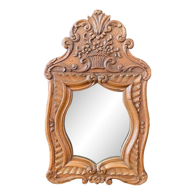 19th Century French Carved Provincial Wooden Walnut Mirror With Floral and Wave Motif For Sale