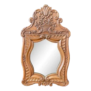 19th Century French Carved Provincial Wooden Walnut Mirror With Floral and Wave Motif