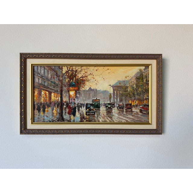 Charming vintage European Impressionist-style cityscape oil painting, depicting a lively urban street scene with figures,...