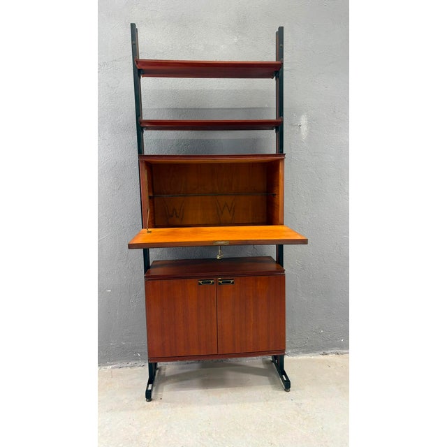 Mid-Century Modern Modular Wall Unit in Veneer and Black Metal Shelving Cabinet, Europe, 1960s For Sale - Image 13 of 14