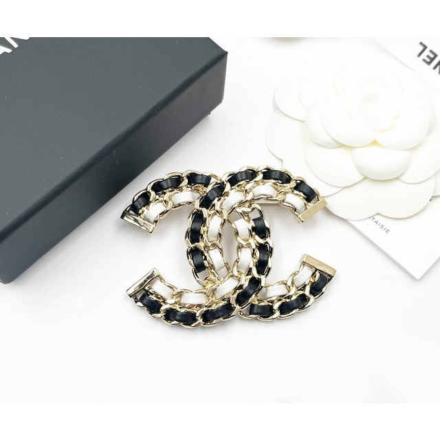 Chanel Brand New Gold CC Black White Leather Chain Large Brooch *Marked 22 *Made in Italy *Comes with the original box,...