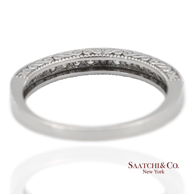 14k 585 Solid White Gold Side Engraving Milgrain Natural Diamond Band Ring, Size 6 For Sale - Image 4 of 13