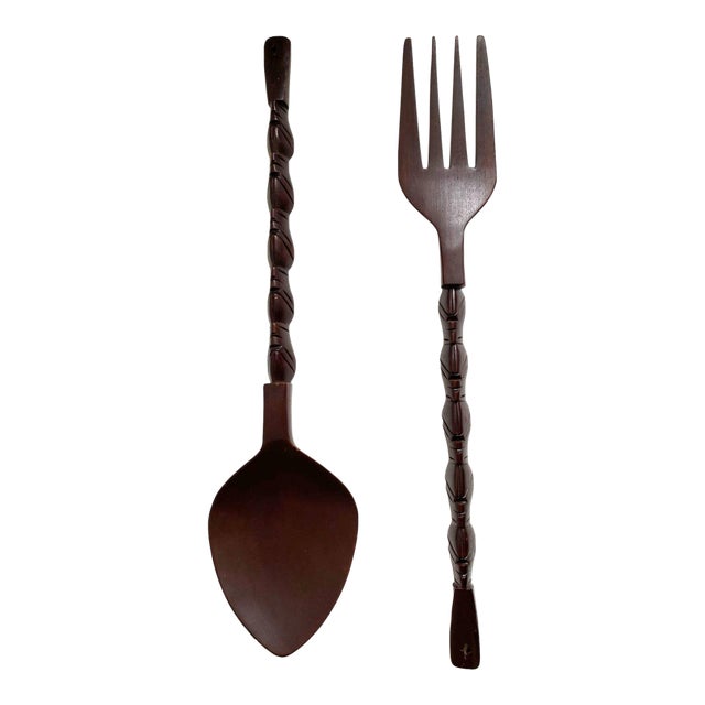 Vintage Wall Decor Large Wooden Fork Spoon Set- a Pair For Sale