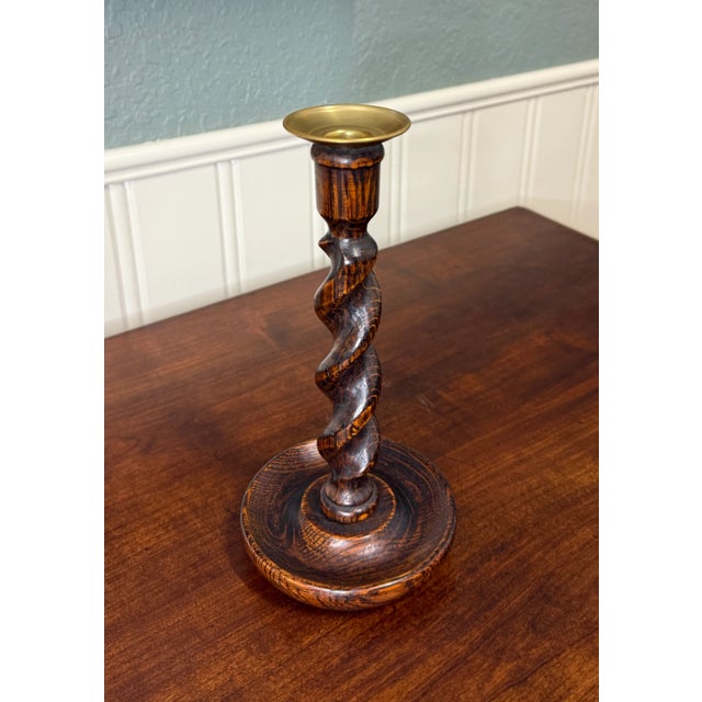 Antique English Barley Twist Candlesticks Candle Holders Oak Pair 10.5" Tall For Sale - Image 12 of 17