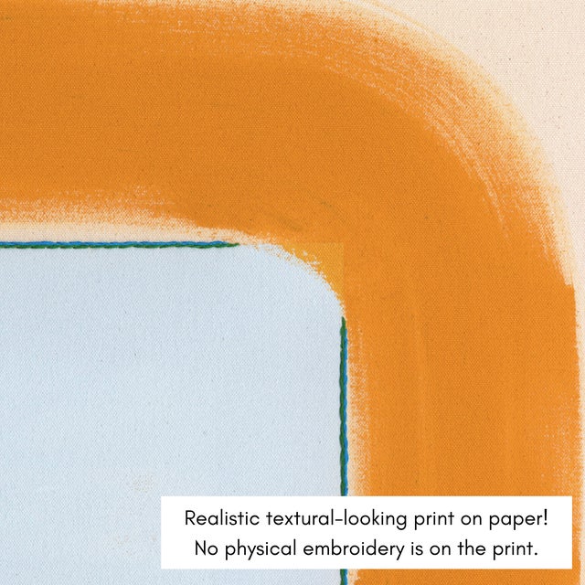 Mid-Century Modern Light Blue and Mustard Yellow-Orange Modern Art Print, 30 X 38 Print in Wood Frame For Sale - Image 3 of 5