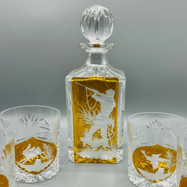 Yellow Vintage Bohemian Crystal Hunting Scene Decanter Set, 1970s, Set of 7 For Sale - Image 8 of 10