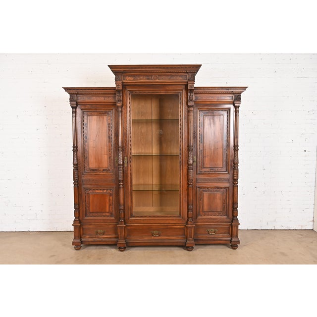 Herter Brothers Style Monumental Antique Eastlake Victorian Carved Walnut and Burl Wood Triple Bookcase Cabinet For Sale - Image 13 of 13