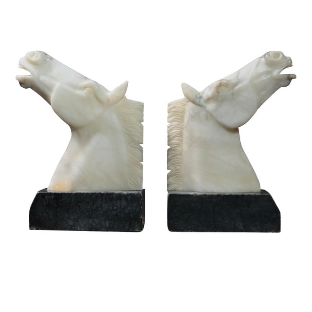 Antique Large Italian Art Deco Hand Carved Alabaster Horse Head Bookends For Sale