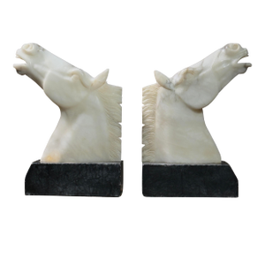 Antique Large Italian Art Deco Hand Carved Alabaster Horse Head Bookends