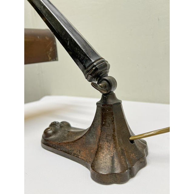 Art Nouveau Bankers Lamp in Brass with Colored Glass Lampshade, 1930s For Sale - Image 4 of 12