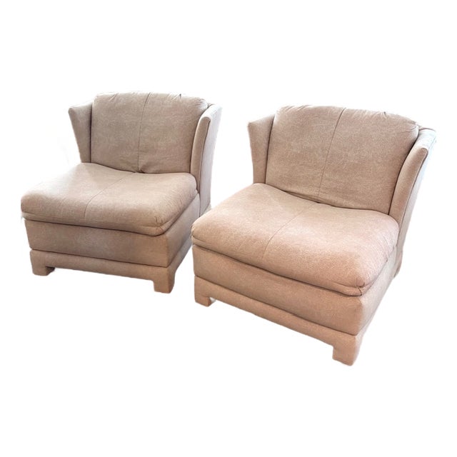 Mid Century Marjorie Reese Carson Style Camel Color Chairs With Modified Wings and Upholstered Square Leg Bases For Sale