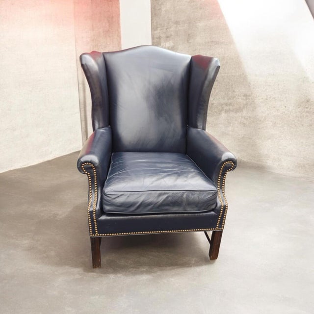 Ink Blue Vintage Executive Wingback Armchair by the Renowned Artisans at Yorkshire Leather of Hickory, North Carolina. For Sale - Image 8 of 8