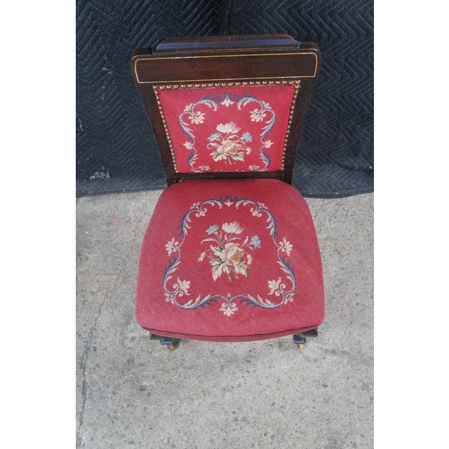 Antique English Edwardian Mahogany Needlepoint Nailhead Parlor Vanity Desk Chair For Sale - Image 6 of 12