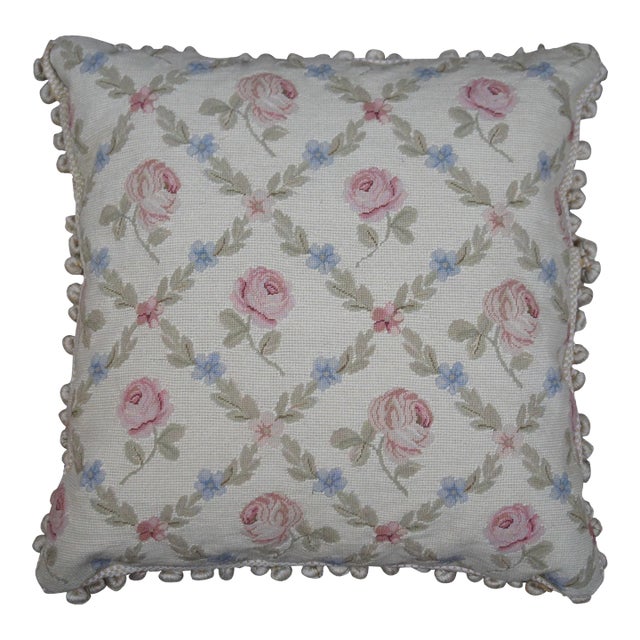 Mid 20th Century Down Filled Floral Crossed Roses Needlepoint Tassel Lumbar Throw Pillow For Sale