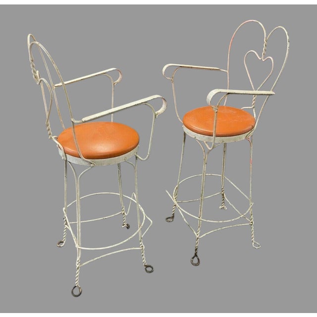 Pair of Vintage Ice Cream Soda Bar Barstool Chairs With Heart Shaped Backs For Sale - Image 9 of 11